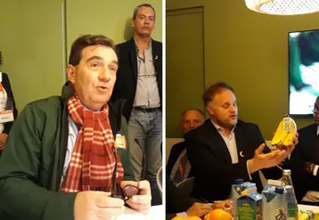 Pierre Monteux, directeur général de l’UGPBAN et Matthieu Lovery, directeur de marché fruits et légumes du groupe Carrefour, présentent les deux partenariats en conférence de presse le 25 février sur le Salon de l'agriculture. © Julia Commandeur - FLD