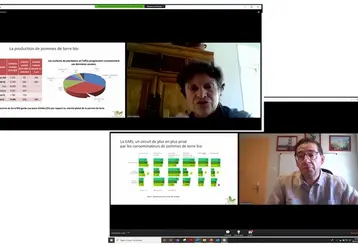 Claire Genova, productrice et membre de la Commission Bio au CNIPT, et Francisco Moya, négociant et membre du conseil d’administration du CNIPT, ont présenté un état des lieux de la filière pommes de terre bio le 9 juillet pour l'Agence Bio.  © Capture d'écran de web ...