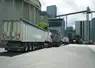 File d'attente de camions dans une usine d'aliment du bétail. 