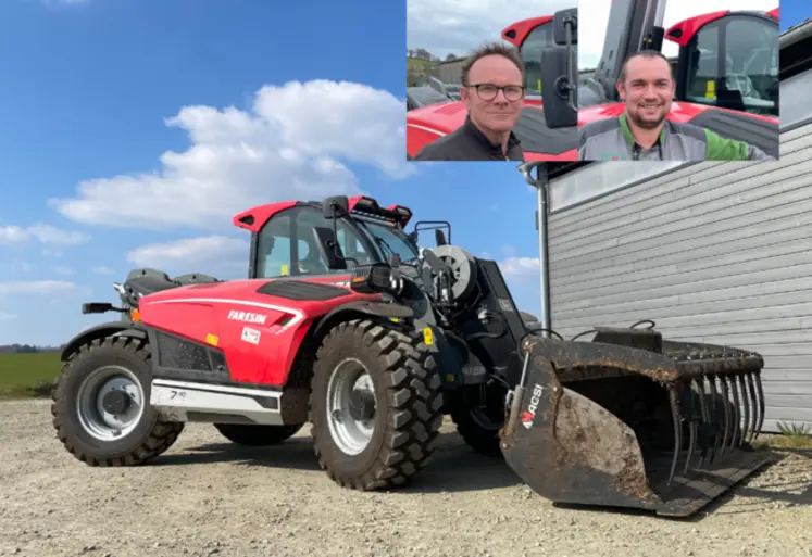 <em class="placeholder">Jean-Marie Toutain, agriculteur dans l&#039;Orne, et son salarié David Couillard devant le chariot télescopique Faresin</em>